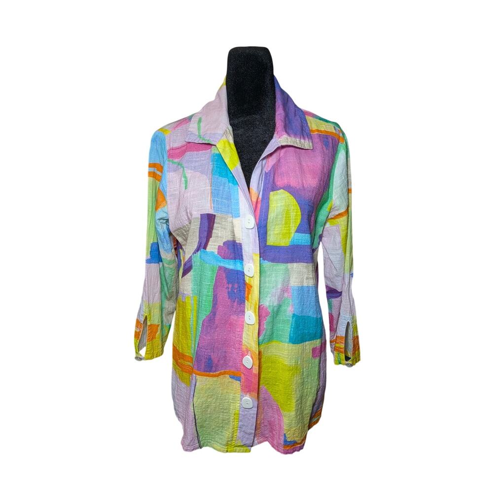 Parsley & Sage Women's Medium Colorful Abstract 3/4 Sleeve Button Front Shirt